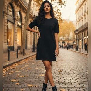 NWT Eileen Fisher Elegant Dark Grey Stretch Jersey Short Sleeve Dress Size L